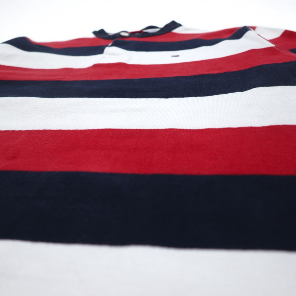 TOMMY HILFIGER Band Collar Rugby Shirt M Tricolor Border Henley Neck