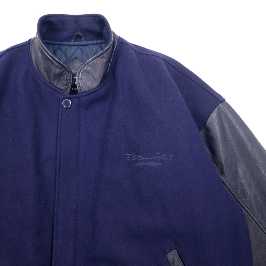 TRIMARK Leather-switched Melton Stadium Jacket L Navy Black Leather Quilted Liner Thunder