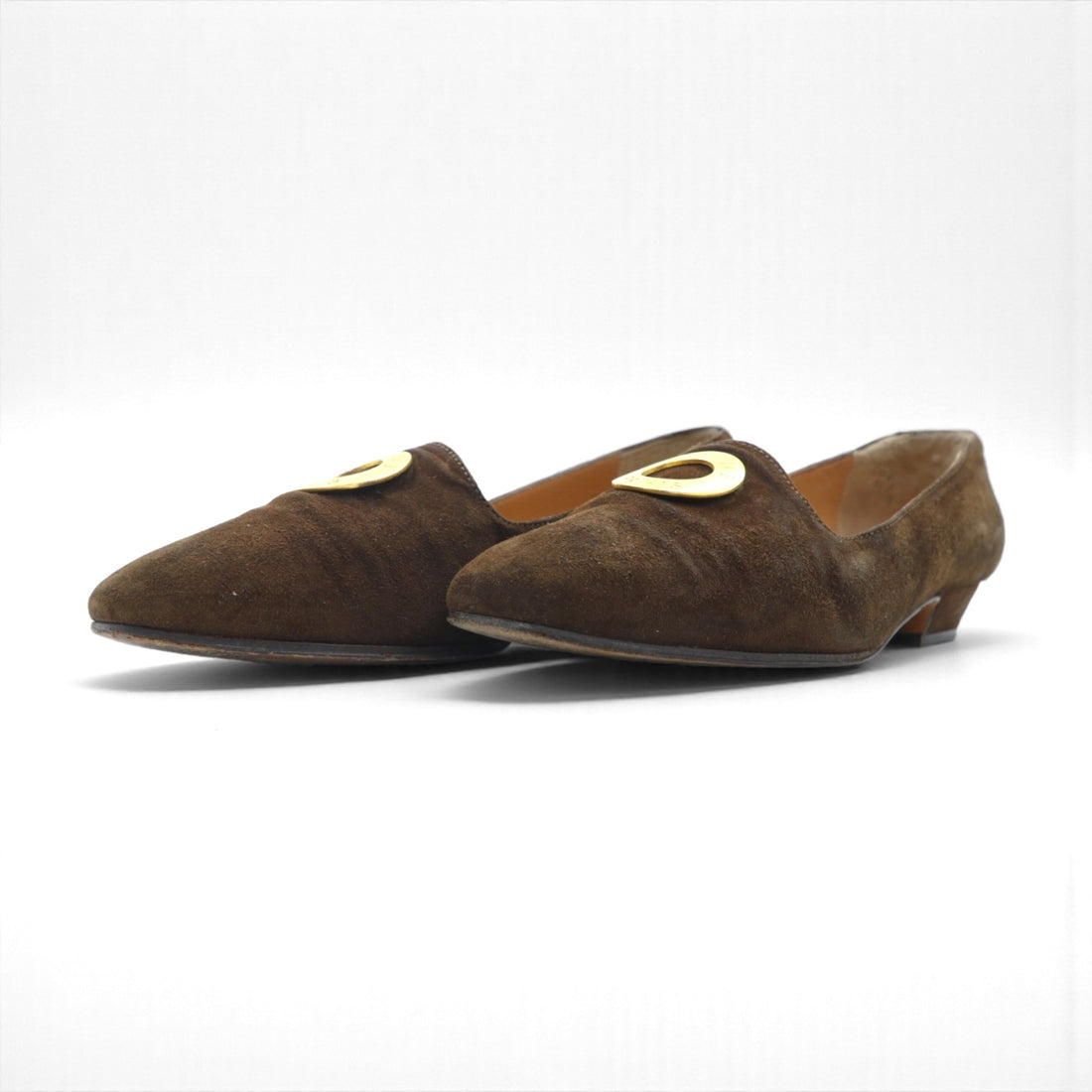 CELINE Suede Leather Flat Pumps Slip-ons 22.5cm Logo Hardware Old Made in Italy