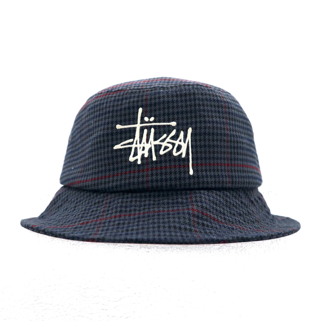 stussy bucket hat L/XL grey houndstooth check stock logo embroidery Big Logo Check Bucket Hat