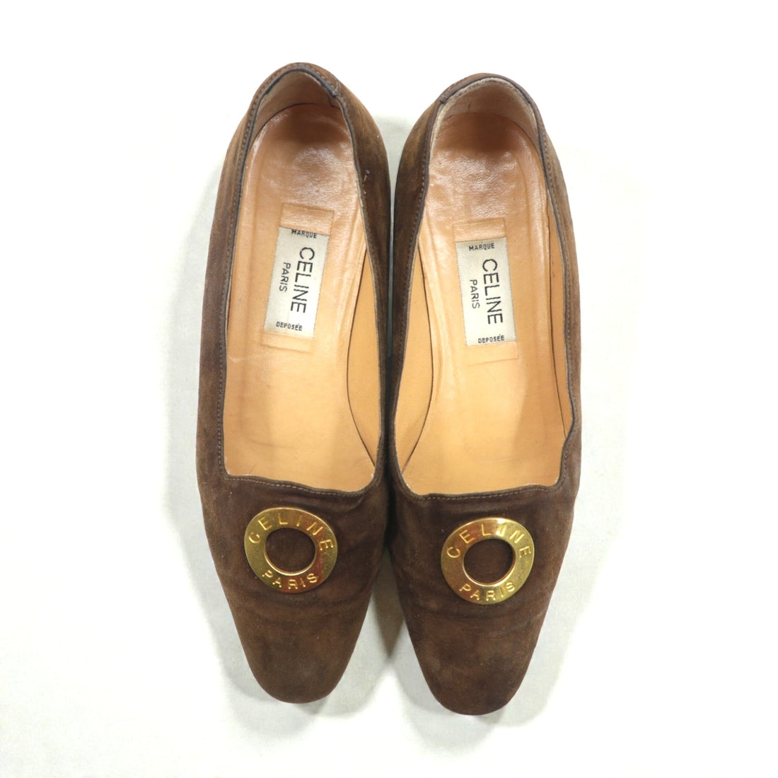 CELINE Suede Leather Flat Pumps Slip-ons 22.5cm Logo Hardware Old Made in Italy