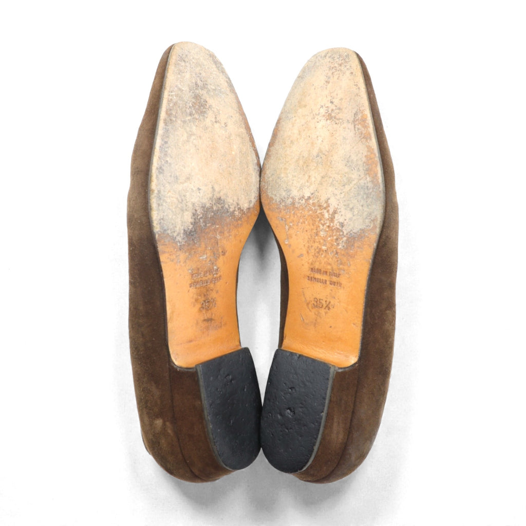 CELINE Suede Leather Flat Pumps Slip-ons 22.5cm Logo Hardware Old Made in Italy