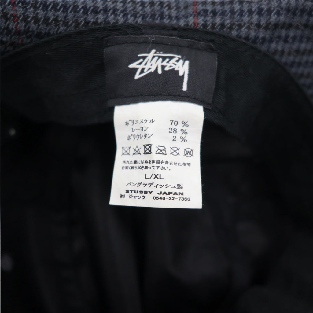 stussy bucket hat L/XL grey houndstooth check stock logo embroidery Big Logo Check Bucket Hat