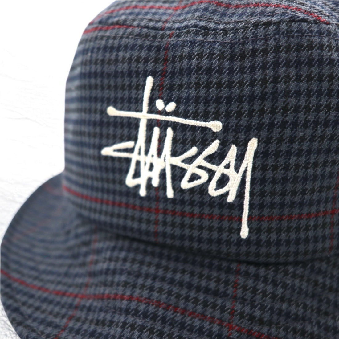 stussy bucket hat L/XL grey houndstooth check stock logo embroidery Big Logo Check Bucket Hat