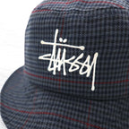 stussy bucket hat L/XL grey houndstooth check stock logo embroidery Big Logo Check Bucket Hat