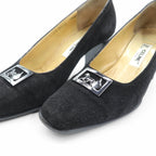CELINE Chunky Heel Pumps 22.5cm Black Suede Leather High Heels Old Made in Italy