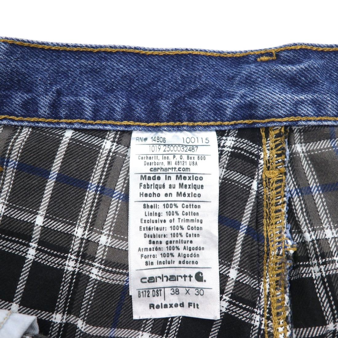 carhartt リラックスフィット RELAXED FIT ネルライナー デニムパンツ XL インディゴ ブルー 裏地 チェック B172 DST メキシコ製