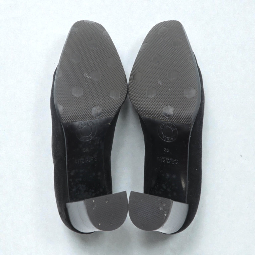CELINE Chunky Heel Pumps 22.5cm Black Suede Leather High Heels Old Made in Italy