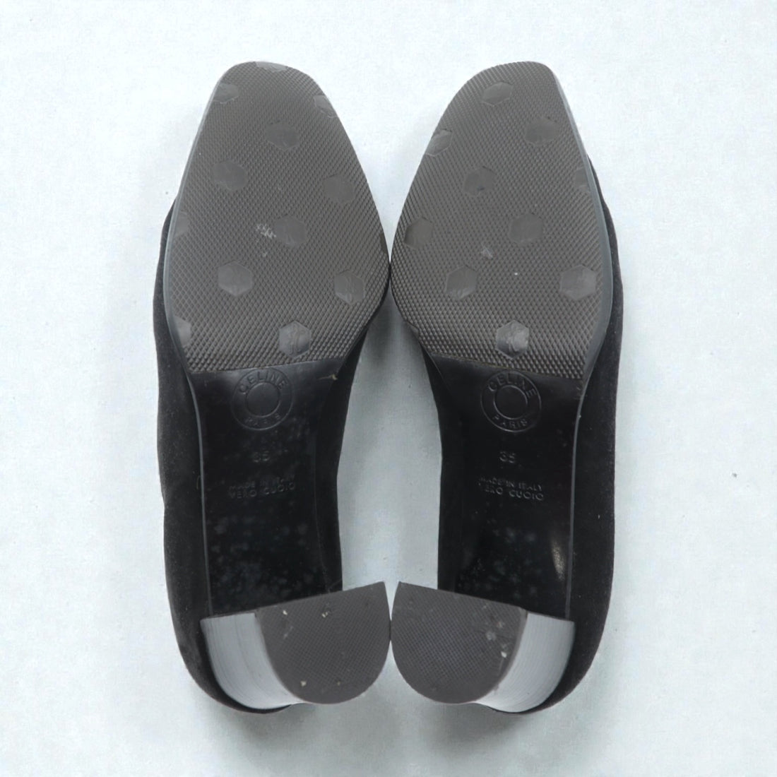 CELINE Chunky Heel Pumps 22.5cm Black Suede Leather High Heels Old Made in Italy