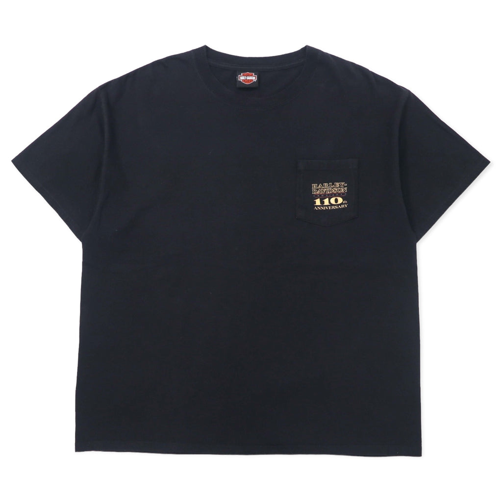 日本然リトテ-古着オンライン-HARLEY DAVIDSON ロゴプリント Tシャツ ポケT XL ブラック コットン HANES BEEFY-T 110th ANNIVERSARY ビッグサイズ-HARLEY DAVIDSON Logo Print T-Shirt Pocket T XL Black Cotton HANES BEEFY-T 110th ANNIVERSARY Big Size