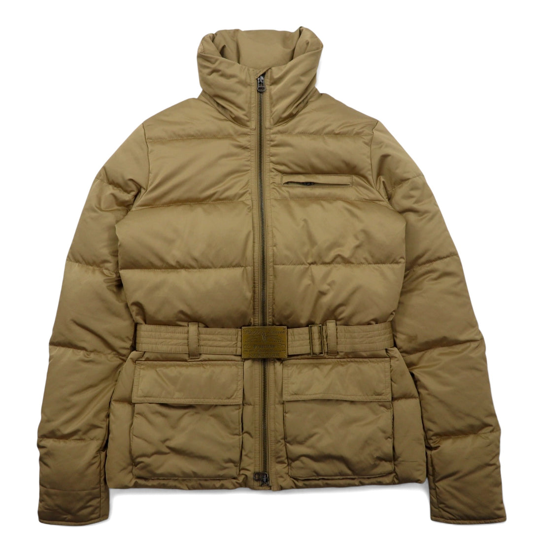 日本然リトテ-古着オンライン-RALPH LAUREN ダウンジャケット S ベージュ ポリエステル ロゴ ベルト バックル ダブルジップ-RALPH LAUREN Puffer Jacket S Beige Polyester Logo Belt Buckle Double Zip