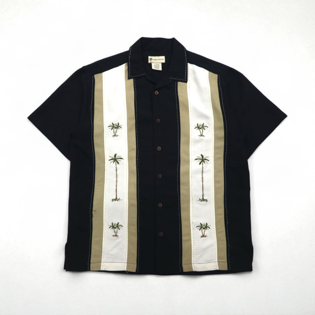 HAVANA JACK'S CAFE Open-Collar Cuban Shirt, Size L, Black, Rayon and Polyester, Sashiko Embroidery, Palm Tree Design
