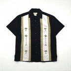 HAVANA JACK'S CAFE Open-Collar Cuban Shirt, Size L, Black, Rayon and Polyester, Sashiko Embroidery, Palm Tree Design