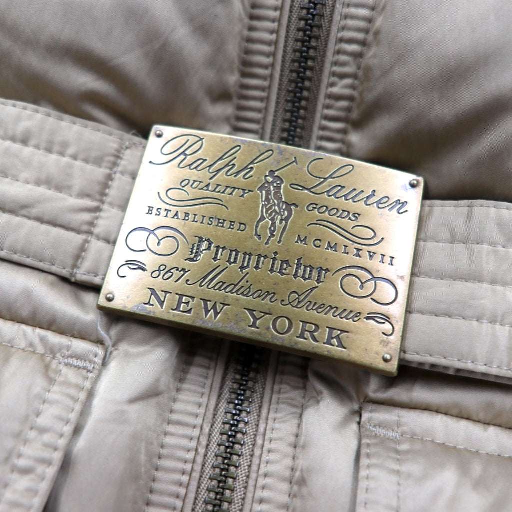 RALPH LAUREN Down Jacket S Beige Polyester Logo Belt Buckle Double Zip