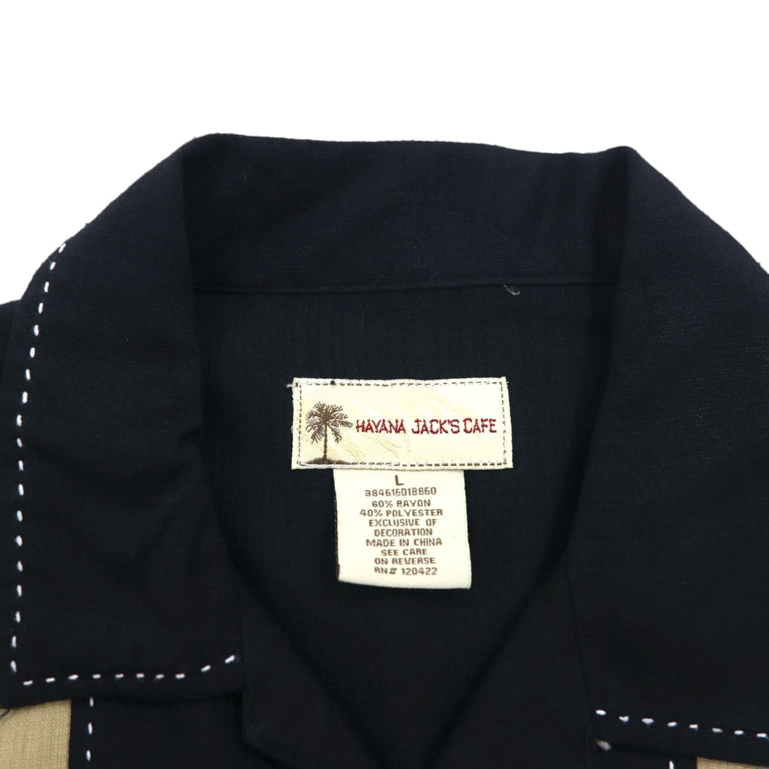 HAVANA JACK'S CAFE Open-Collar Cuban Shirt, Size L, Black, Rayon and Polyester, Sashiko Embroidery, Palm Tree Design