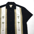 HAVANA JACK'S CAFE Open-Collar Cuban Shirt, Size L, Black, Rayon and Polyester, Sashiko Embroidery, Palm Tree Design