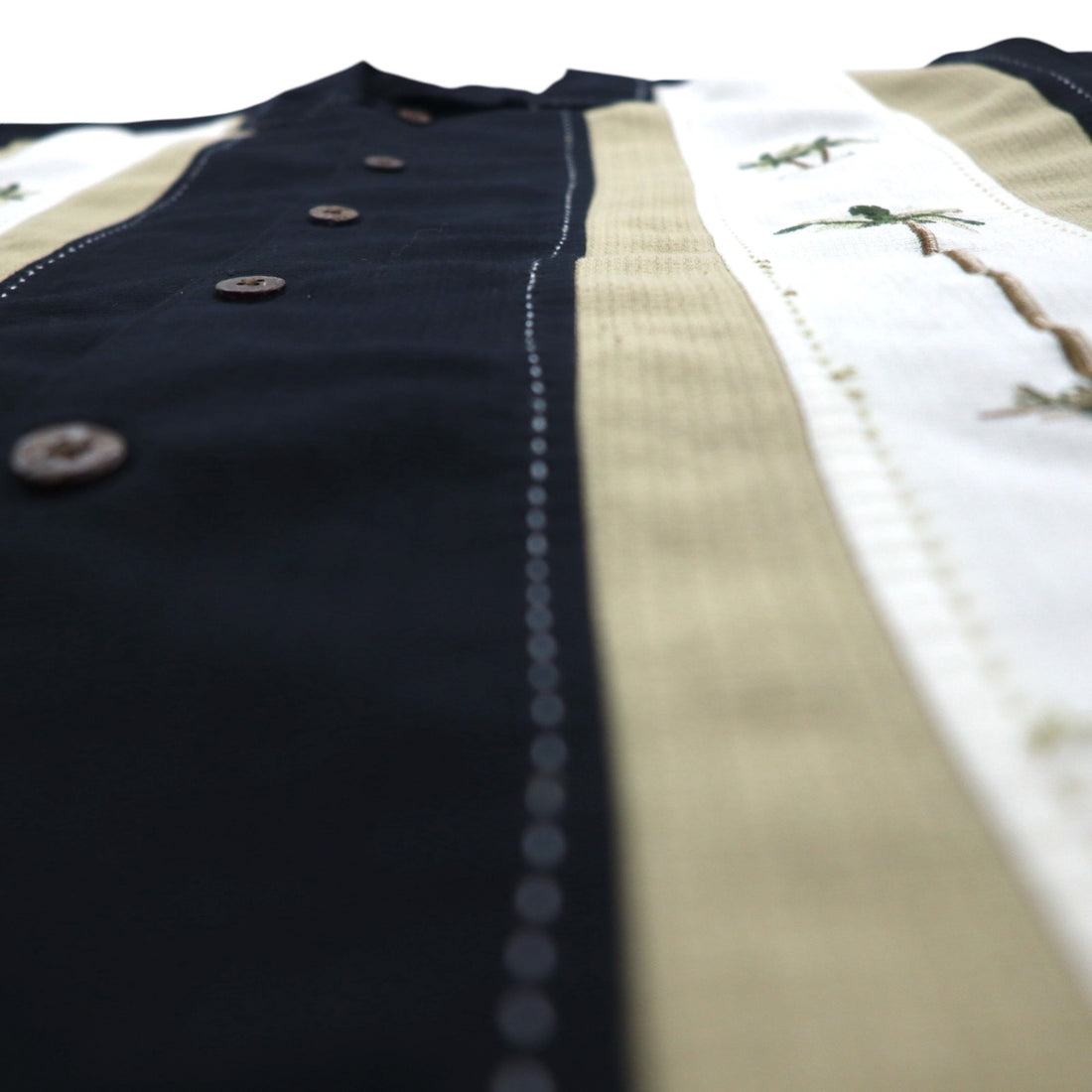 HAVANA JACK'S CAFE Open-Collar Cuban Shirt, Size L, Black, Rayon and Polyester, Sashiko Embroidery, Palm Tree Design
