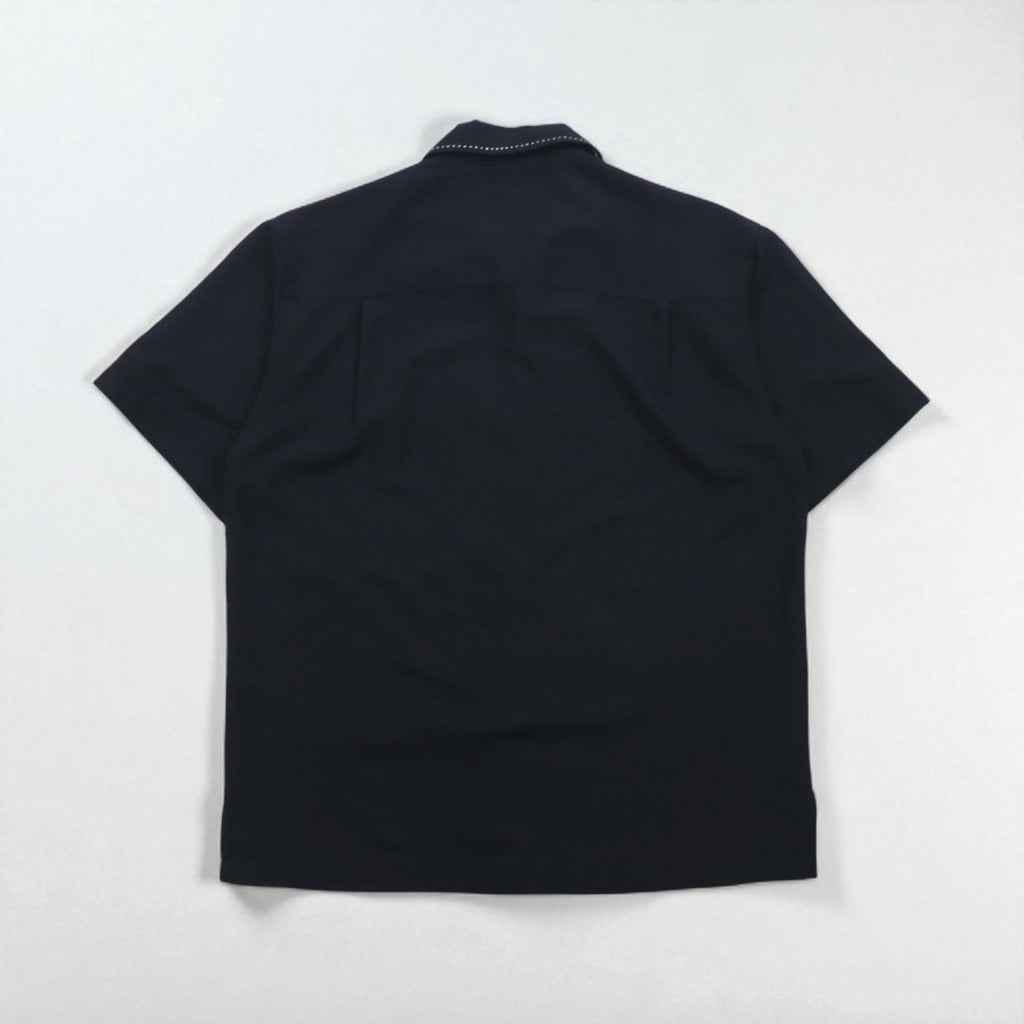 HAVANA JACK'S CAFE Open-Collar Cuban Shirt, Size L, Black, Rayon and Polyester, Sashiko Embroidery, Palm Tree Design