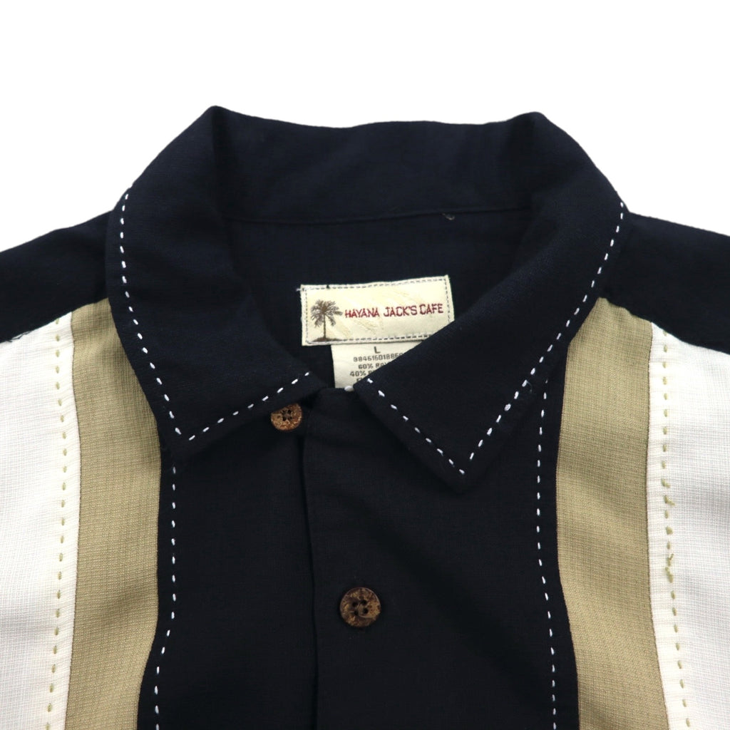 HAVANA JACK'S CAFE Open-Collar Cuban Shirt, Size L, Black, Rayon and Polyester, Sashiko Embroidery, Palm Tree Design