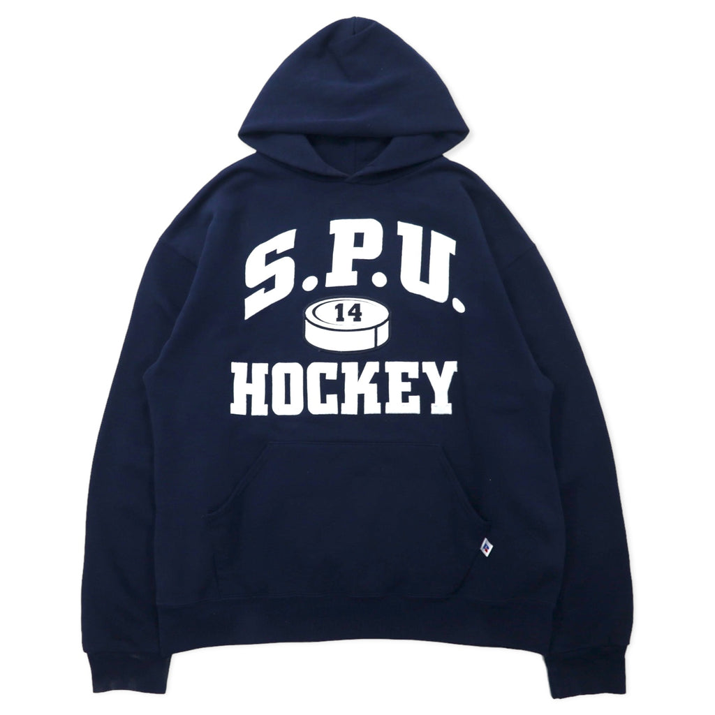 日本然リトテ-古着オンライン-RUSSELL ATHLETIC USA製 90年代 カレッジ プルオーバーパーカー L ネイビー コットン S.P.U. HOCKEY-Russell Athletic USA MADE 90's College Pullover Hoodie L Navy Cotton S.P.U. HOCKEY