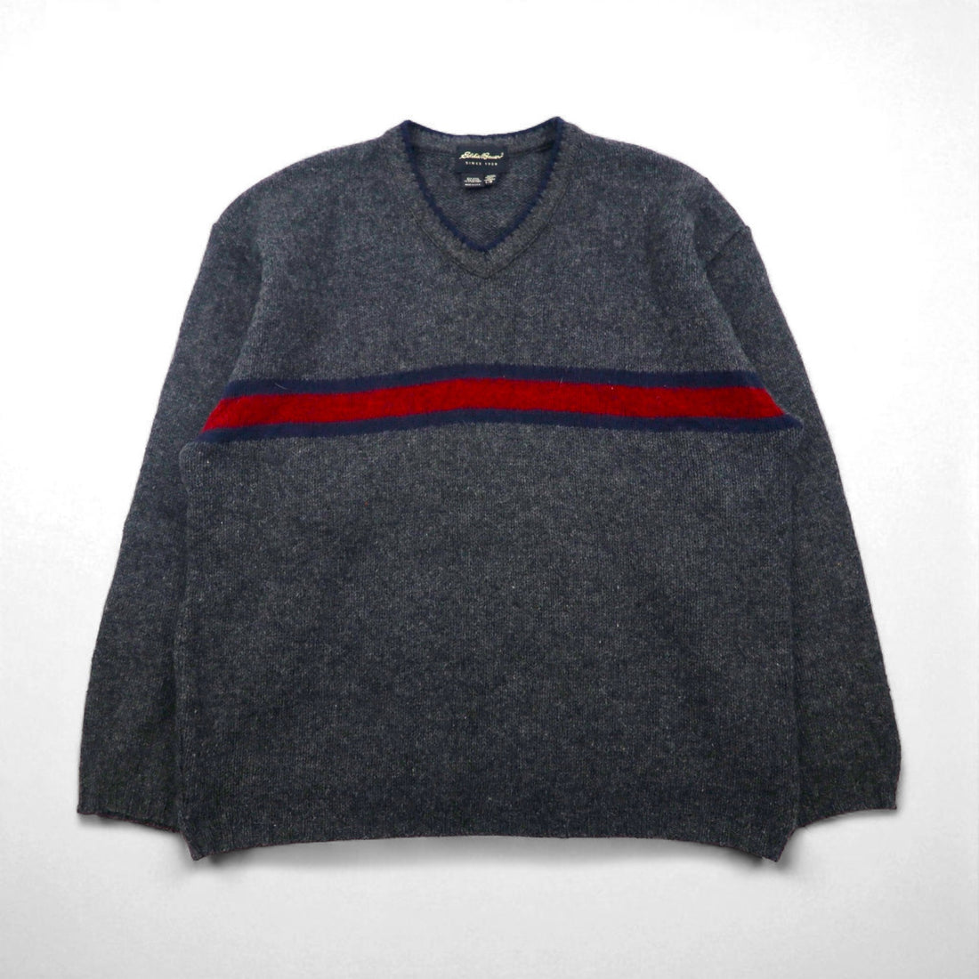 Eddie Bauer 90s Made in USA V-neck Knit Sweater, Gray, Wool, Size L, Line Design