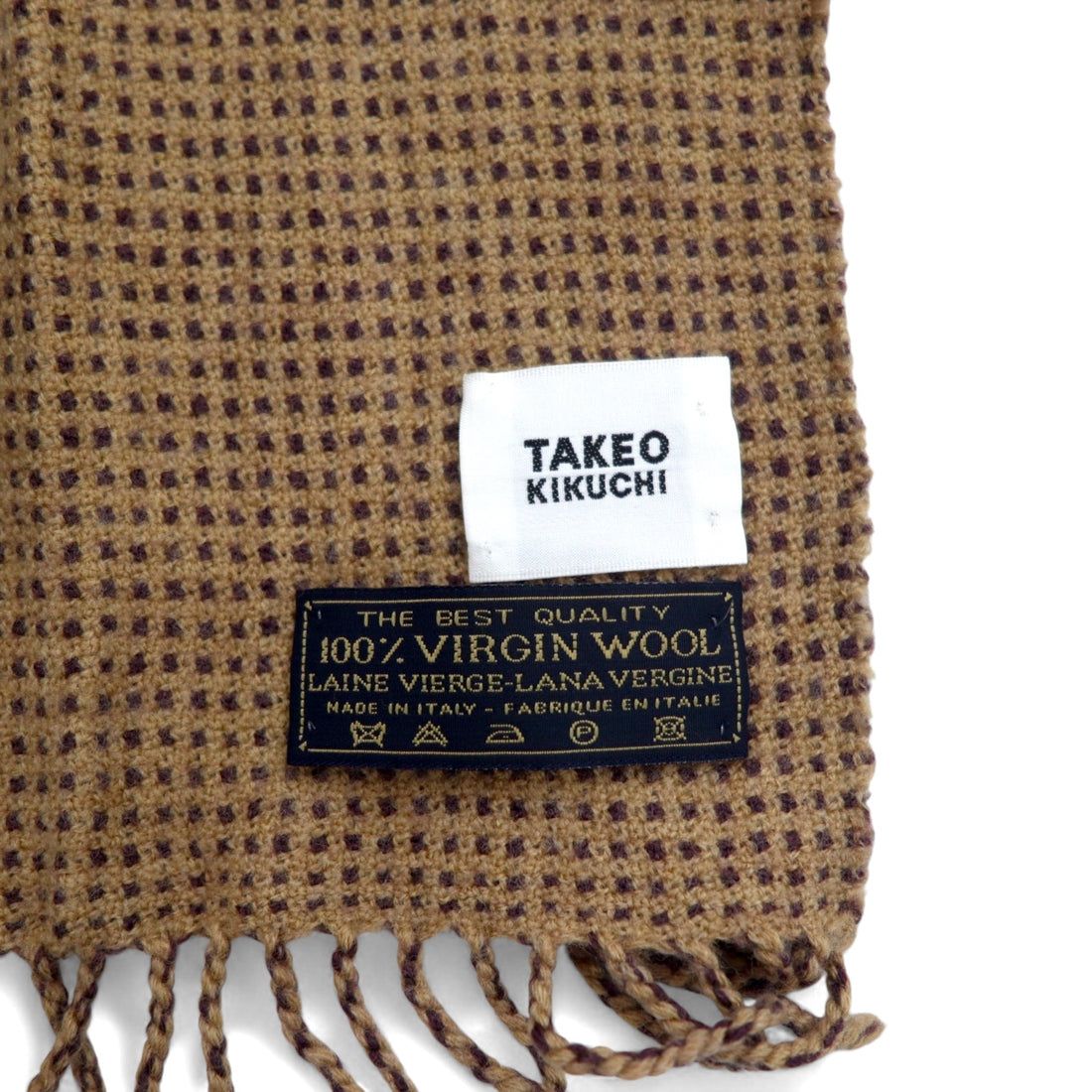 TAKEO KIKUCHI Italian virgin wool fringe scarf, brown