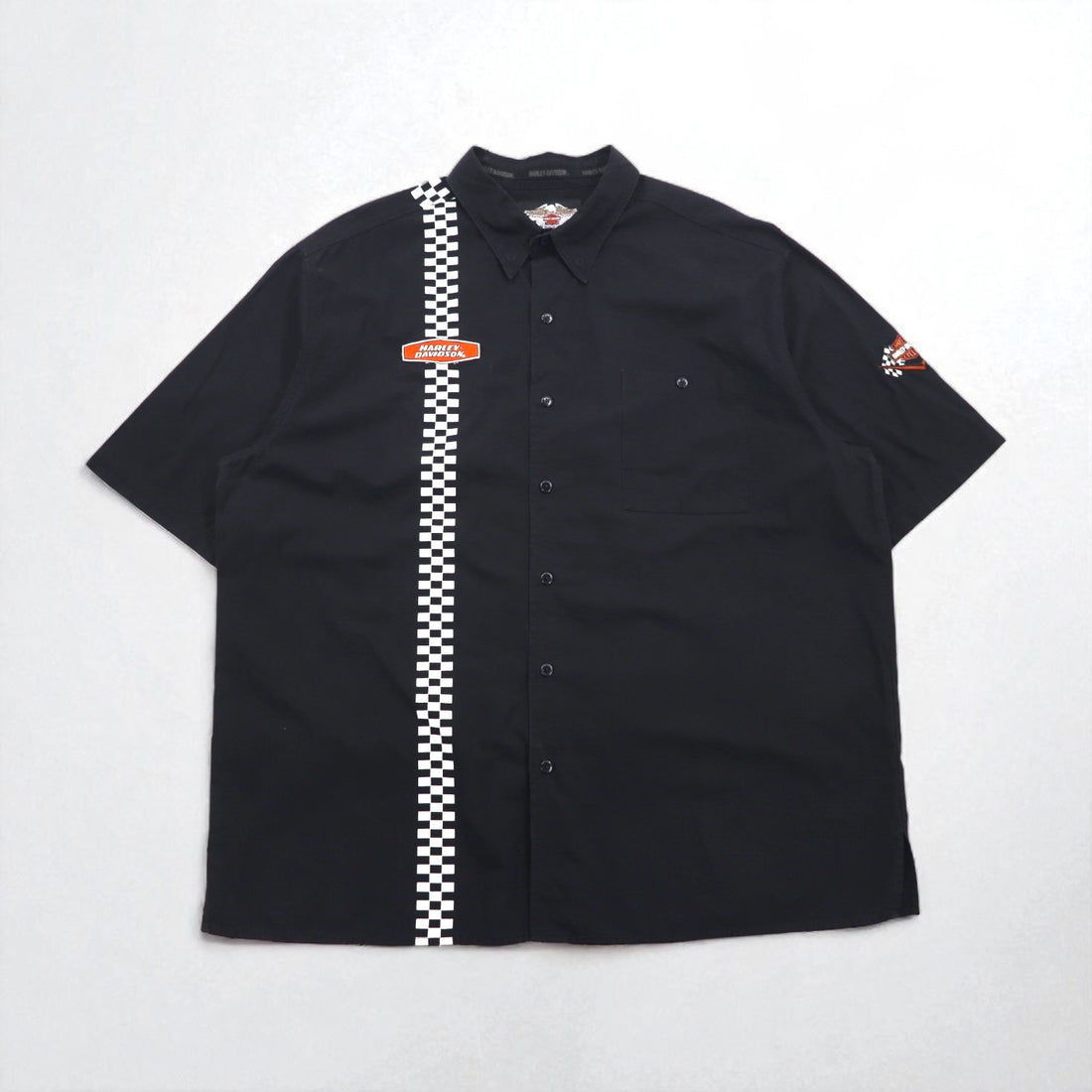 HARLEY DAVIDSON Checkered Flag Racing Shirt, Size 2XL, Black, with Logo Patch and Chest Pocket