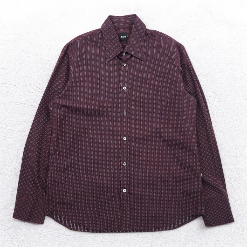 HUGO BOSS ドレスシャツ L ボルドー コットン 小紋柄