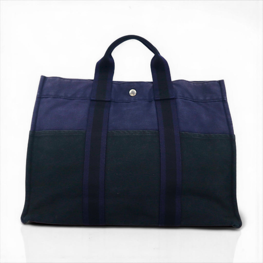 HERMES フールトゥMM トートバッグ ネイビー キャンバス バイカラー フランス製