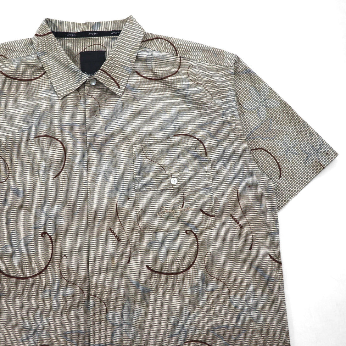 Sean John 00年代 総柄 ビッグサイズ 半袖シャツ 2XL ベージュ コットン チェック 胸ポケット