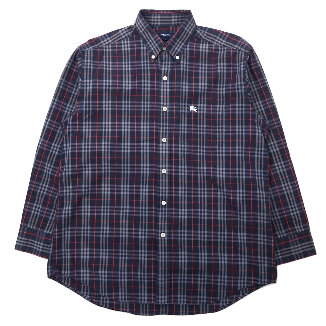 日本然リトテ-古着オンライン-BURBERRY オールド ノバチェック ボタンダウンシャツ L ネイビー コットン ワンポイントロゴ 刺繍-BURBERRY Vintage Checked button-down Shirts L Navy Cotton One Point Logo Embroidery