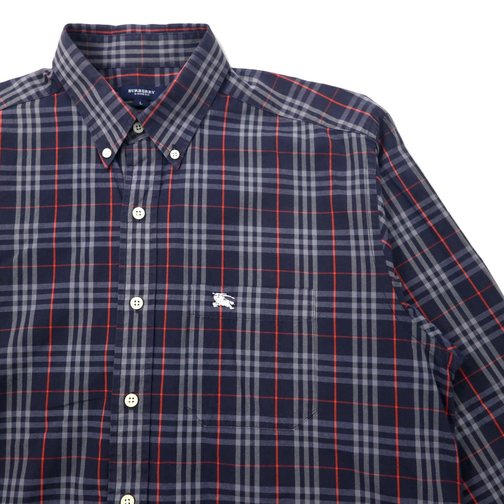 BURBERRY Old Nova Check Button-Down Shirt L Navy Cotton One Point Logo Embroidery