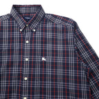 BURBERRY Old Nova Check Button-Down Shirt L Navy Cotton One Point Logo Embroidery