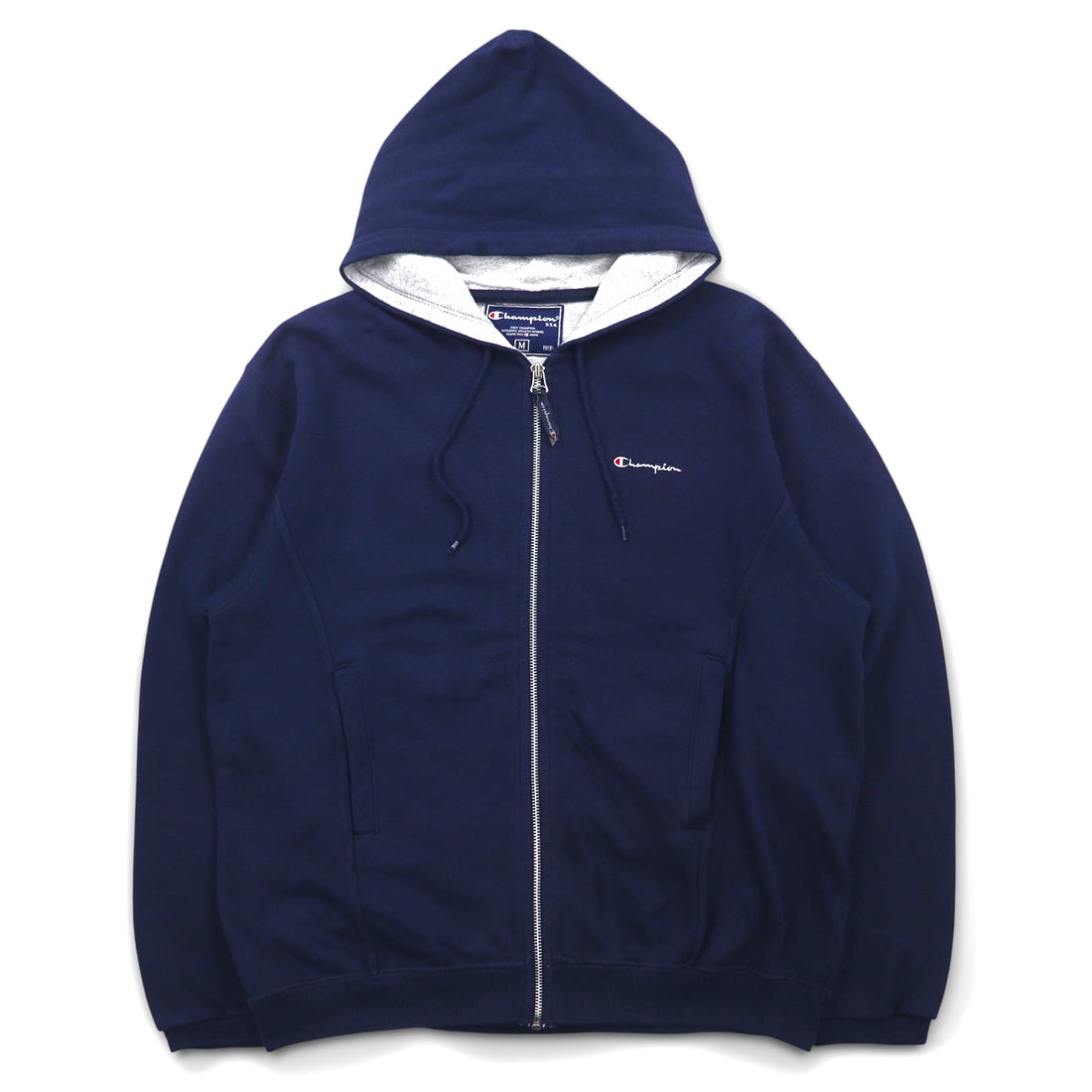 Champion Made in Italy 90s Oversized Full Zip Hoodie M Navy One Point Logo Embroidery