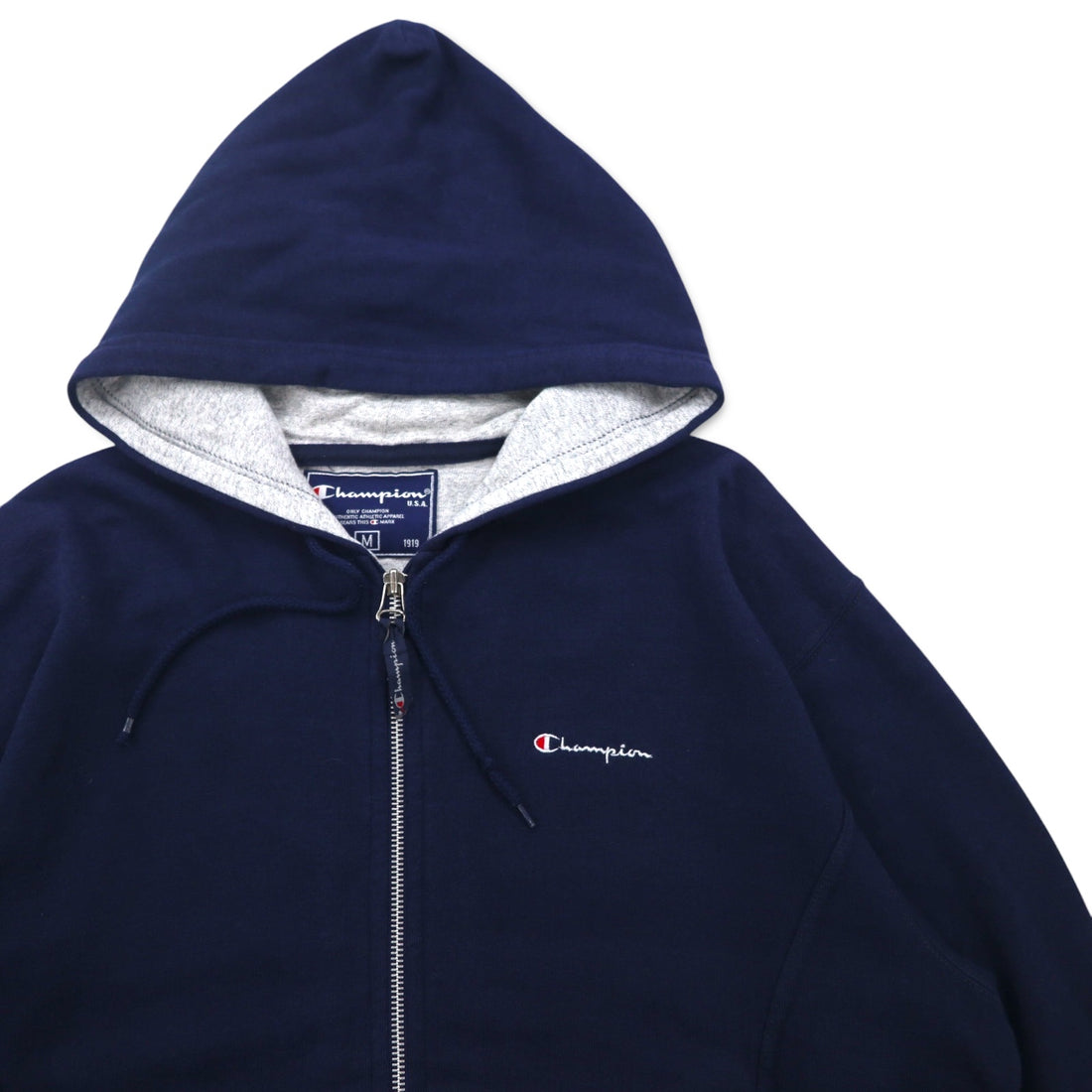Champion Made in Italy 90s Oversized Full Zip Hoodie M Navy One Point Logo Embroidery