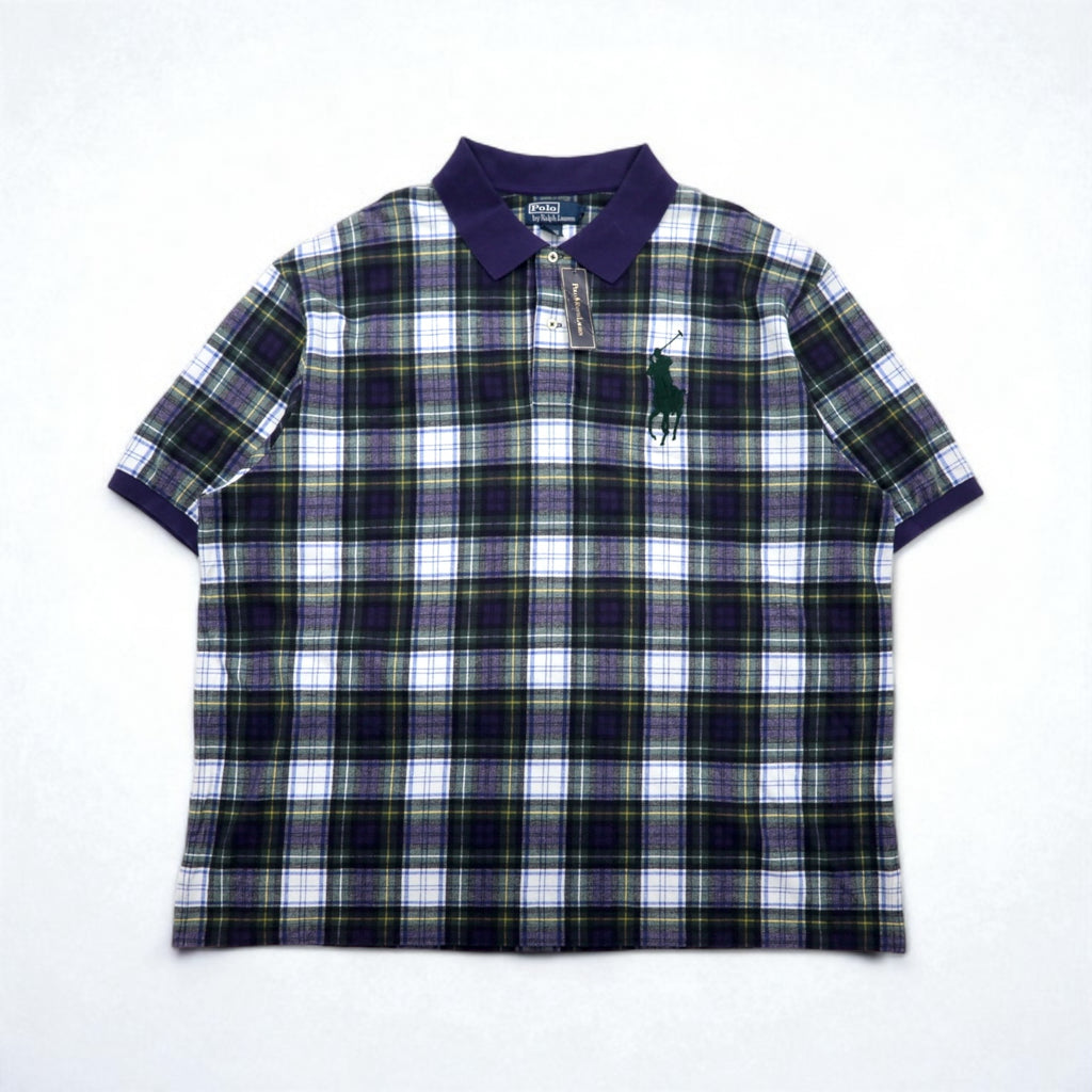 Polo by Ralph Lauren 90s Big Pony Embroidered Polo Shirt, Size 3XL, Navy, Green Check, Unused