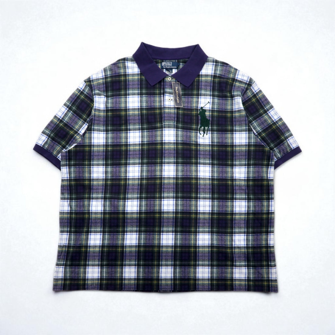 Polo by Ralph Lauren 90s Big Pony Embroidered Polo Shirt, Size 3XL, Navy, Green Check, Unused