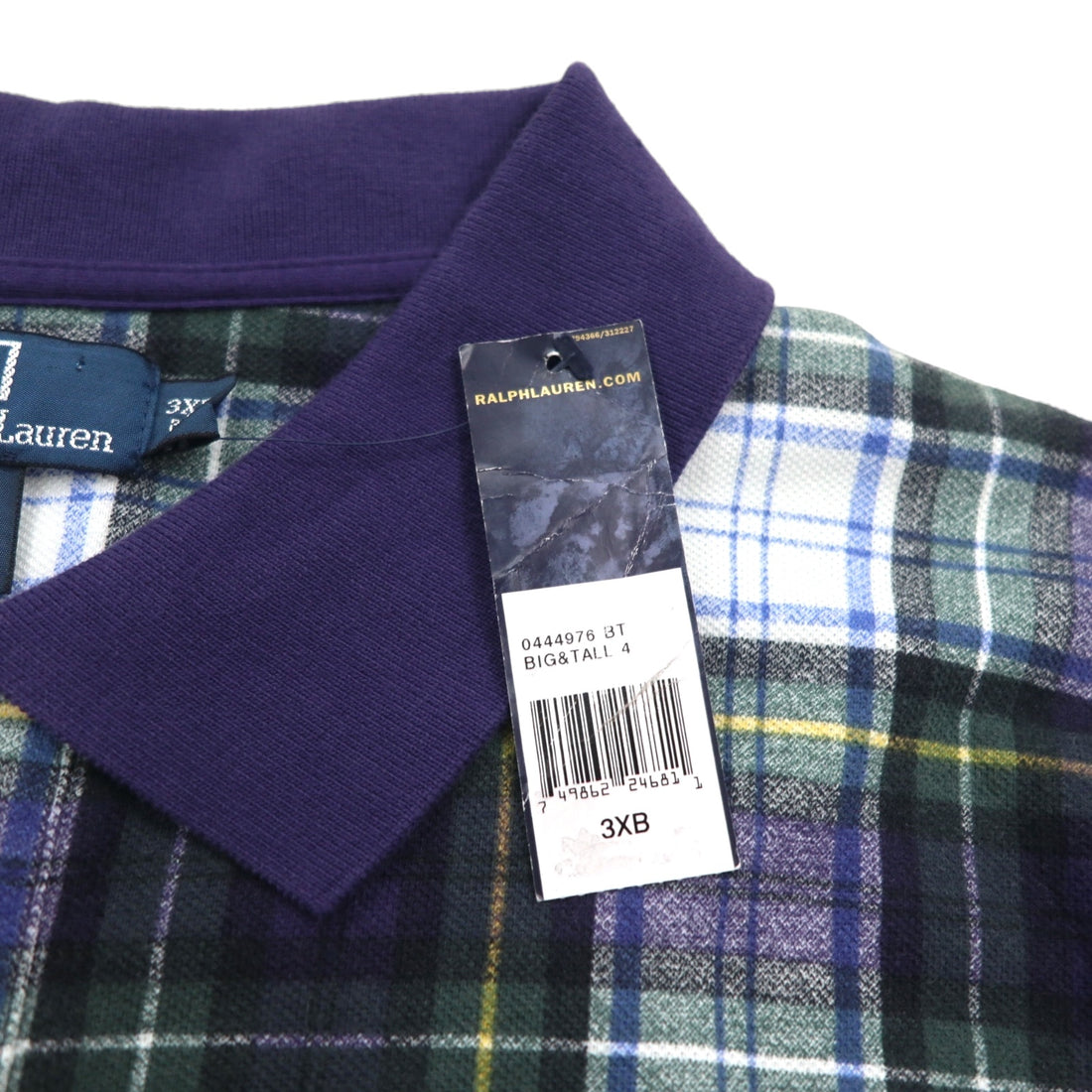 Polo by Ralph Lauren 90s Big Pony Embroidered Polo Shirt, Size 3XL, Navy, Green Check, Unused