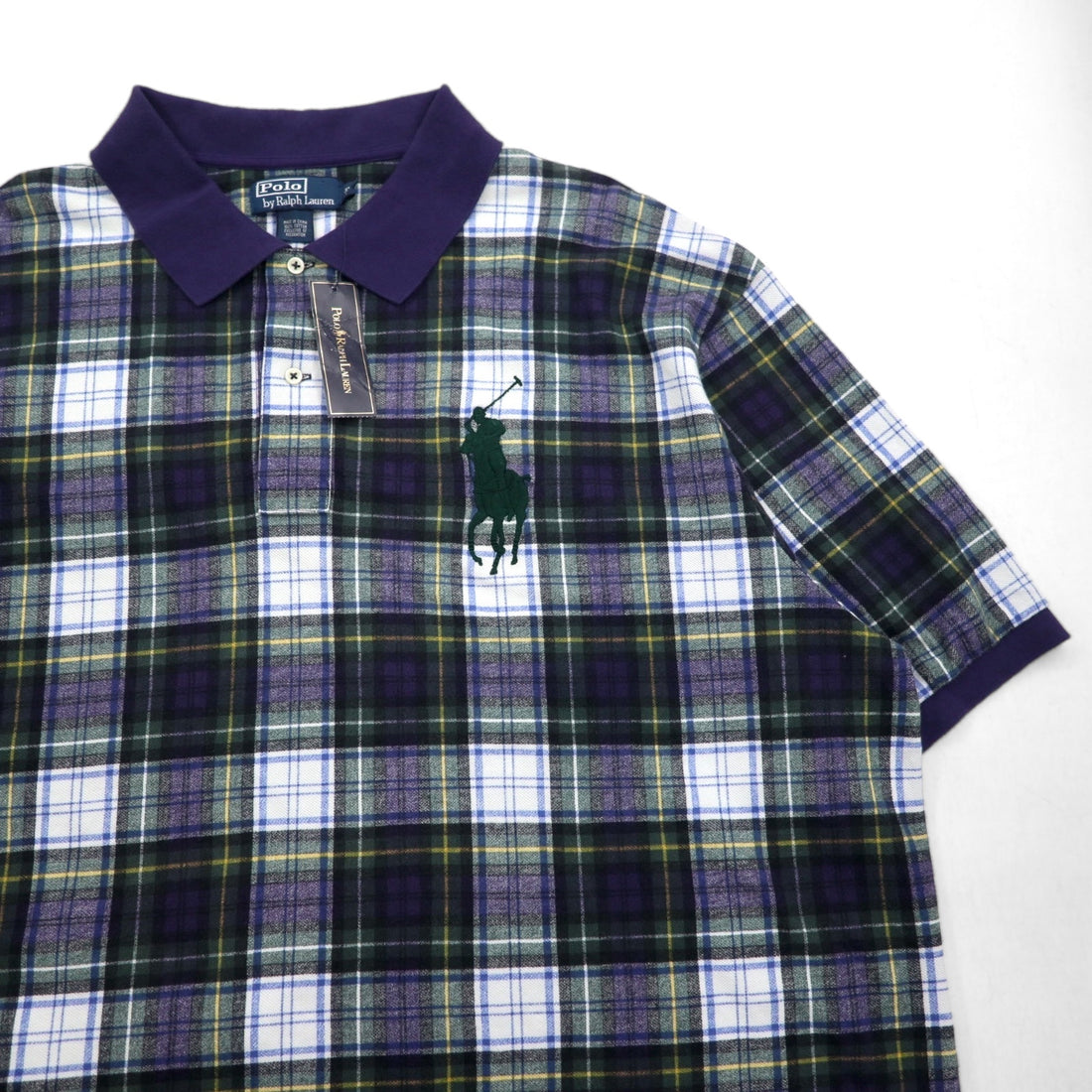 Polo by Ralph Lauren 90s Big Pony Embroidered Polo Shirt, Size 3XL, Navy, Green Check, Unused