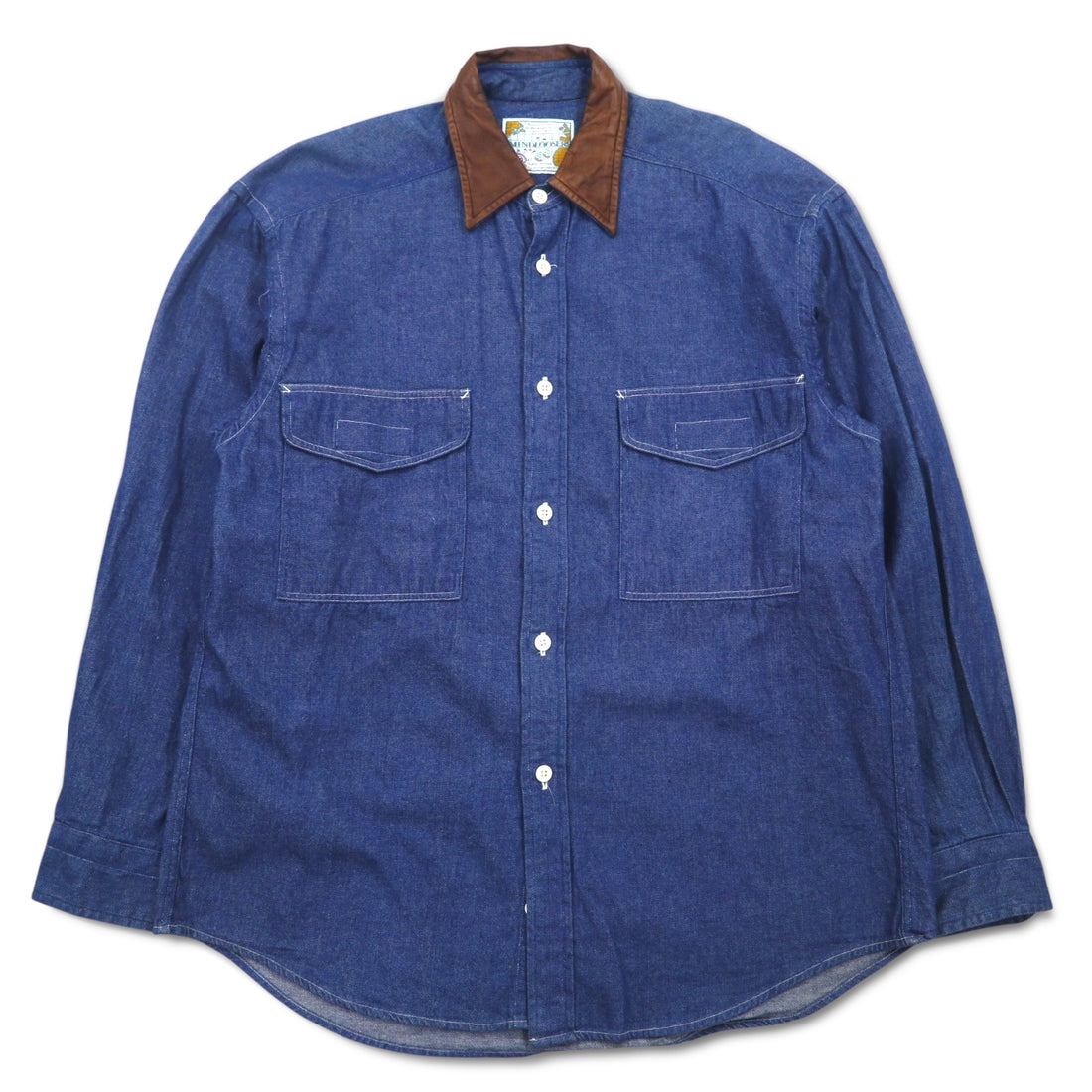 Vintage 90s Denim Shirt MINDLOOSER Leather Collar Switching Work Denim Shirt L Indigo Blue Cotton