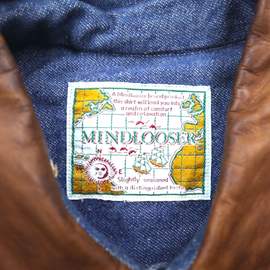 Vintage 90s Denim Shirt MINDLOOSER Leather Collar Switching Work Denim Shirt L Indigo Blue Cotton