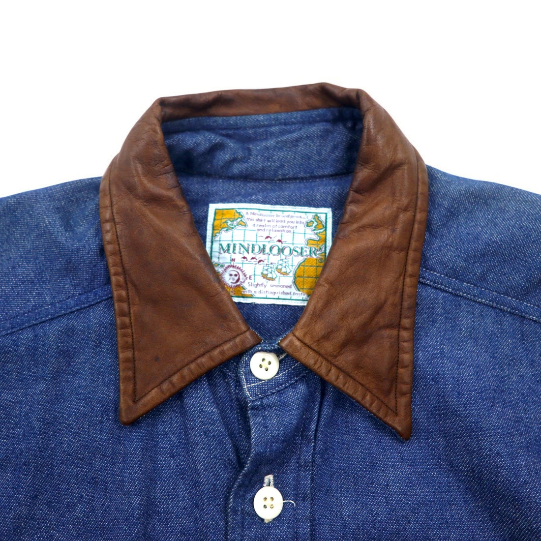Vintage 90s Denim Shirt MINDLOOSER Leather Collar Switching Work Denim Shirt L Indigo Blue Cotton