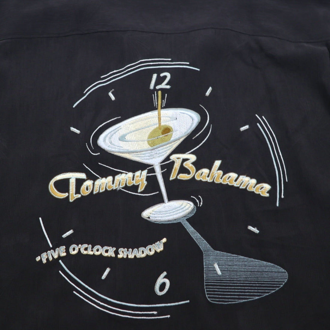 TOMMY BAHAMA Silk Open-Collar Aloha Shirt, XL, Black, Boxy Silhouette, Back Logo, Cocktail Embroidery
