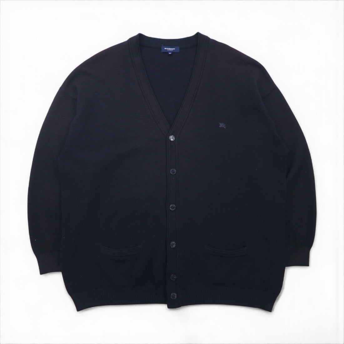BURBERRY Pique V-Neck Knit Cardigan, XL, Navy, Cotton
