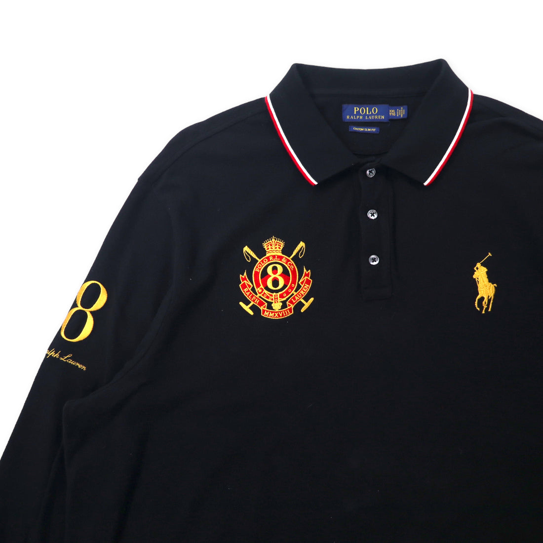 POLO RALPH LAUREN Long Sleeve Polo Shirt Rugby Shirt XXL Black Cotton Emblem Logo Pony Embroidery CUSTOM SLIM FIT Big Size