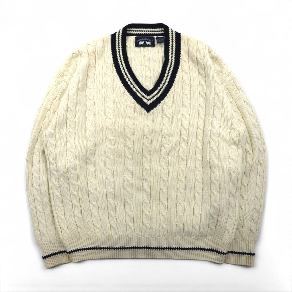 90s Vintage V-neck Knit Sweater, White, Cable Knit, Size L, WOODS&amp;GRAY