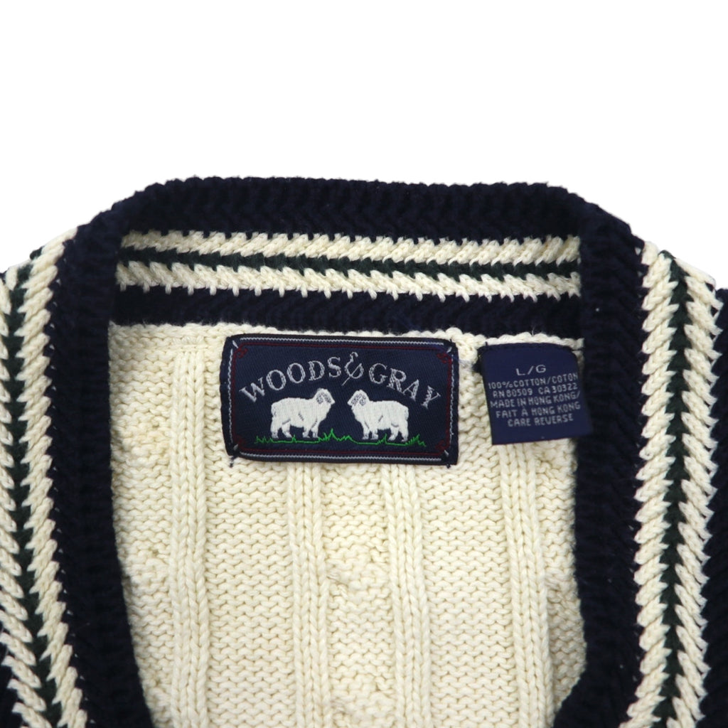 90s Vintage V-neck Knit Sweater, White, Cable Knit, Size L, WOODS&amp;GRAY