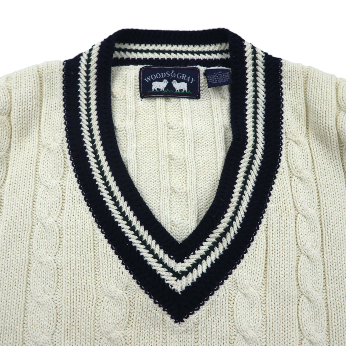 90s Vintage V-neck Knit Sweater, White, Cable Knit, Size L, WOODS&amp;GRAY