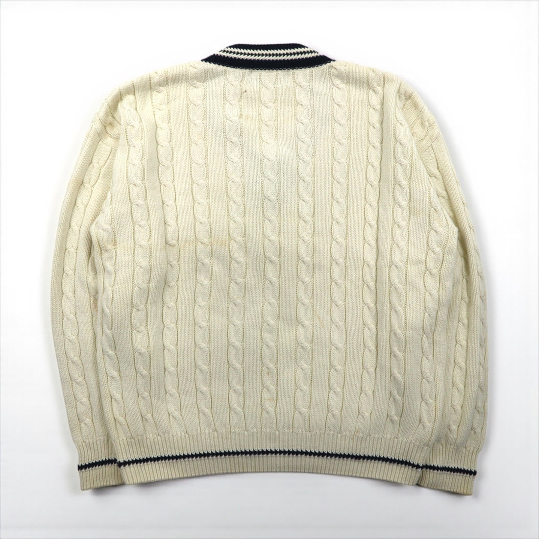 90s Vintage V-neck Knit Sweater, White, Cable Knit, Size L, WOODS&amp;GRAY