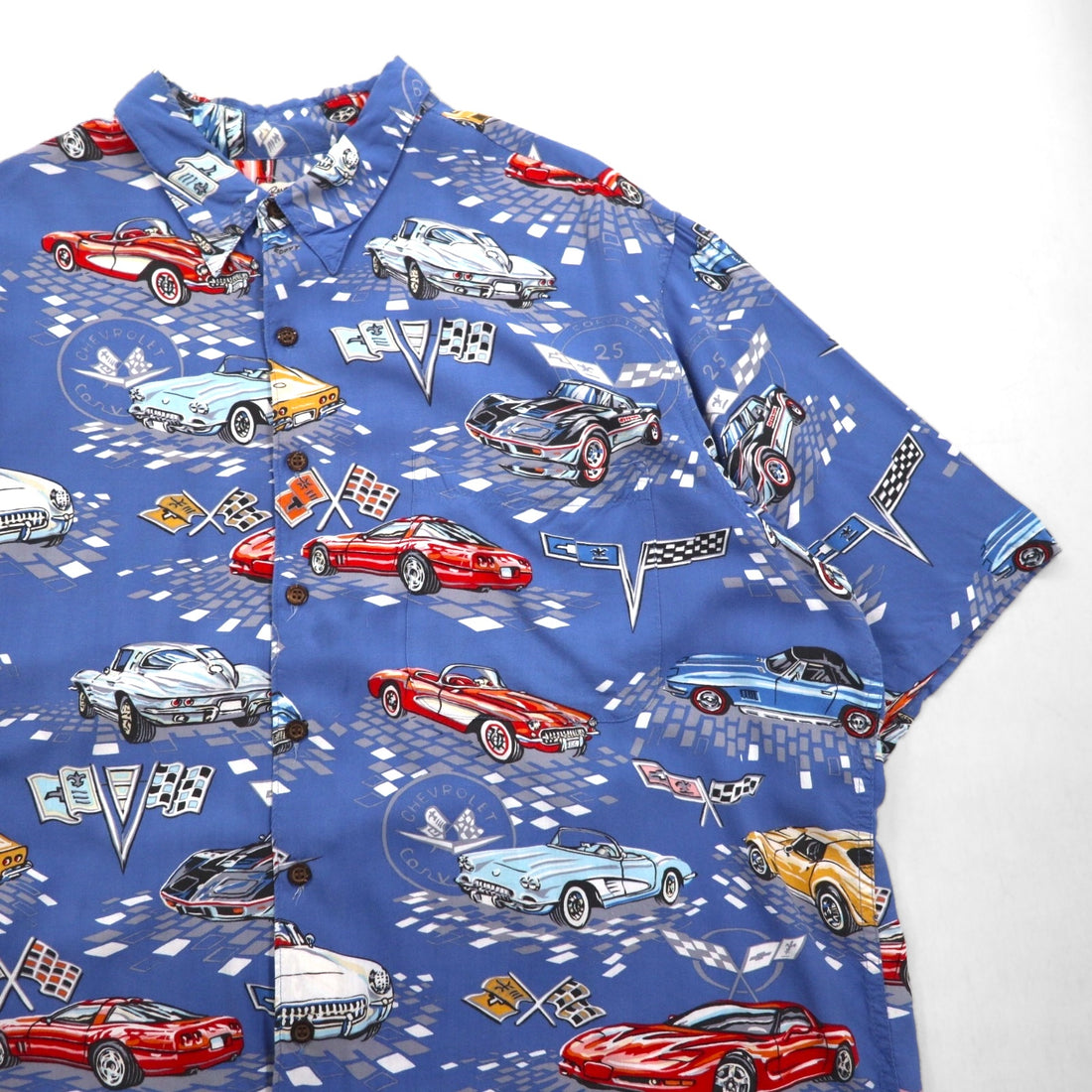 Reyn SPOONER 90年代 ハワイ(USA)製 AMERICAN CLASSICS クラシックカー アロハシャツ 2XL ブルー レーヨン CHEVROLET シボレー